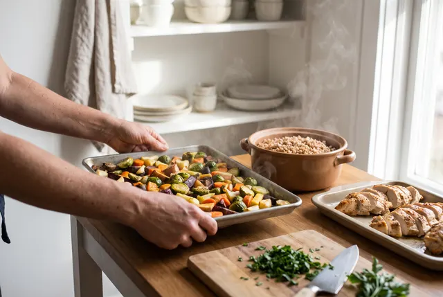 Hands setting down a tray of roasted vegetables beside a pot of cooked grains and sliced chicken