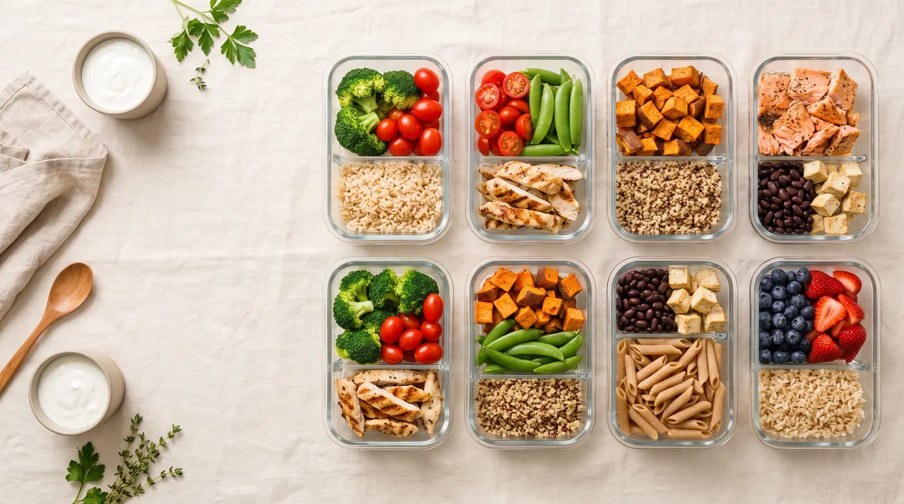 Glass meal-prep containers filled with vegetables, whole grains and lean protein