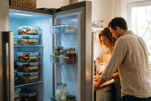 An open fridge stacked with labeled glass containers of prepped meals