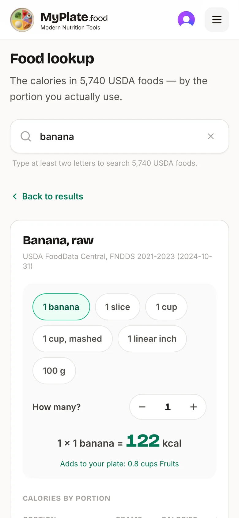One food open in the lookup: its household portions with calories, protein, carbs and fat for the portion you pick