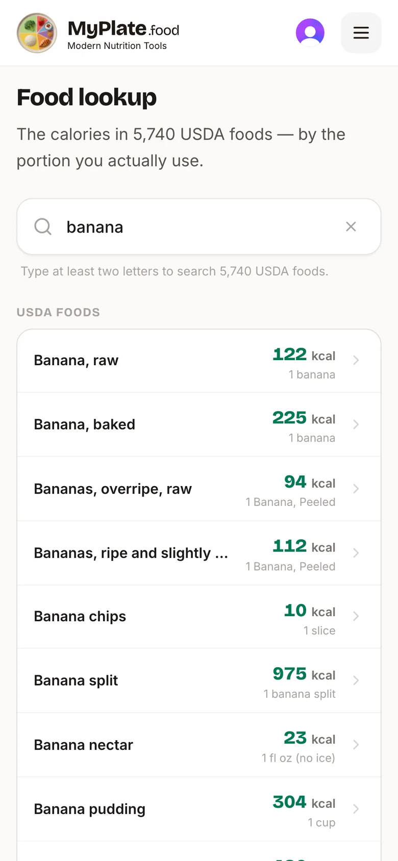 The food lookup: a search for banana returning ranked USDA foods, each with calories and a household portion